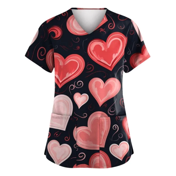 Women's Valentine's Day Printed  Uniform Work Uniform V-Neck Pocket Protective - Image 13