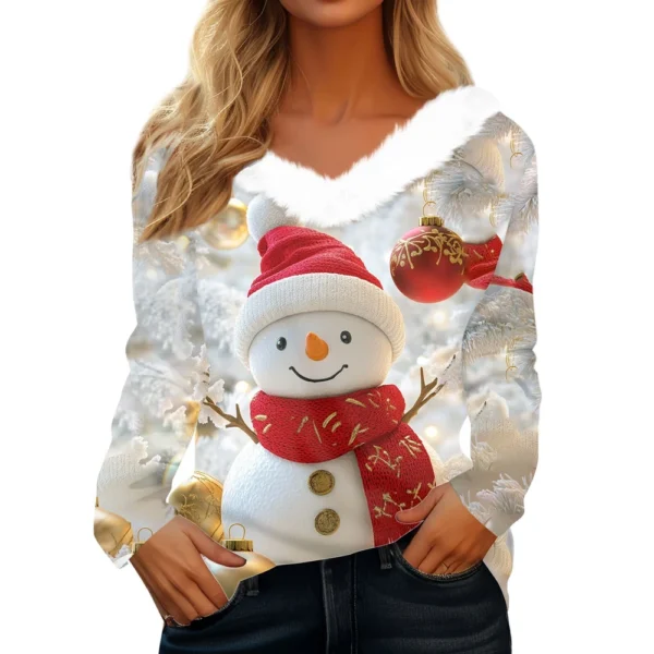 Women's Long Sleeve Christmas Printed Party Plush Neck Wide Casual V-Neck Top - Image 35