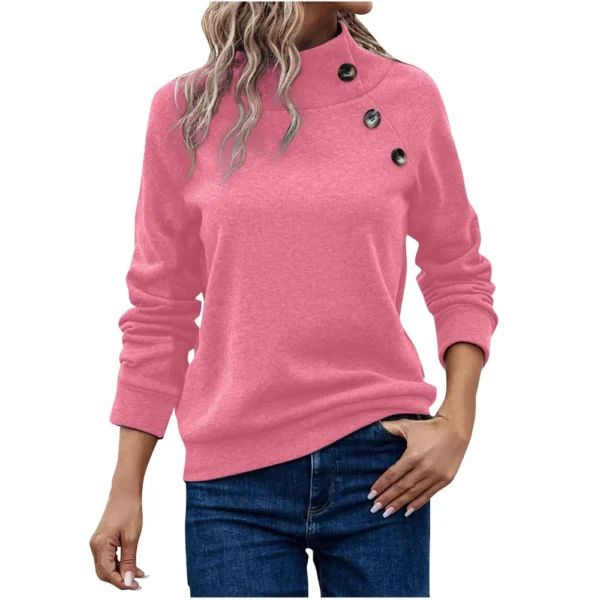 Women's Fashion Casual Solid Color High-neck Button Loose Long-sleeved Hoodie - Image 22