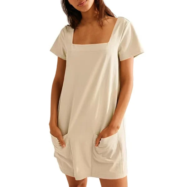 Women's Solid Color Square Collar Short Sleeve Fashion Skirt Pocket Casual Dress - Image 9