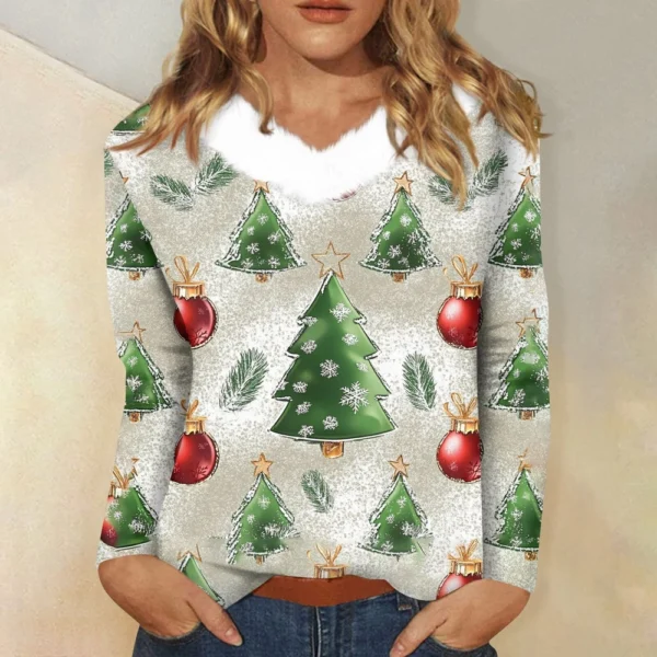 Women's Party Long Sleeve Shirt T Shirt V Neck Christmas Fleece Collar Top - Image 25