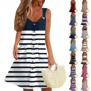 Women's Summer Dress With Pocket Sleeveless Striped Print Sundress
