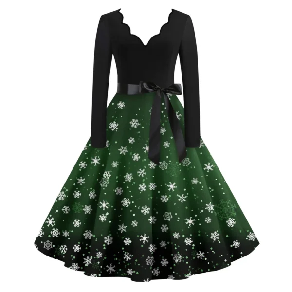 Women's Casual V-Neck Fashion Christmas Slim Long Sleeve Printed Dresses - Image 14