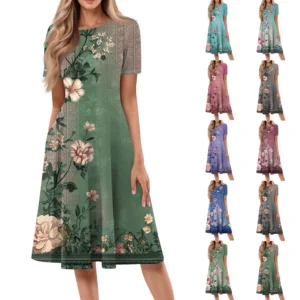 Women's Loose Casual And Fashionable Round Neck Short Sleeved Printed Mid