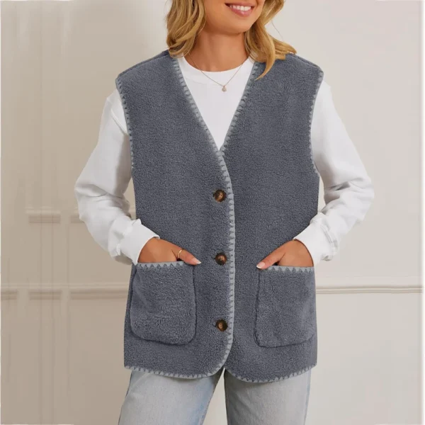Women's Fuzzy Fleece Vest Sleeveless Colorblock Jacket Button Down Outerwear - Image 28