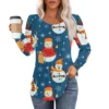 Women's Christmas Printed Top Round Neck Casual Pleated Long Sleeved T-Shirt - Image 14