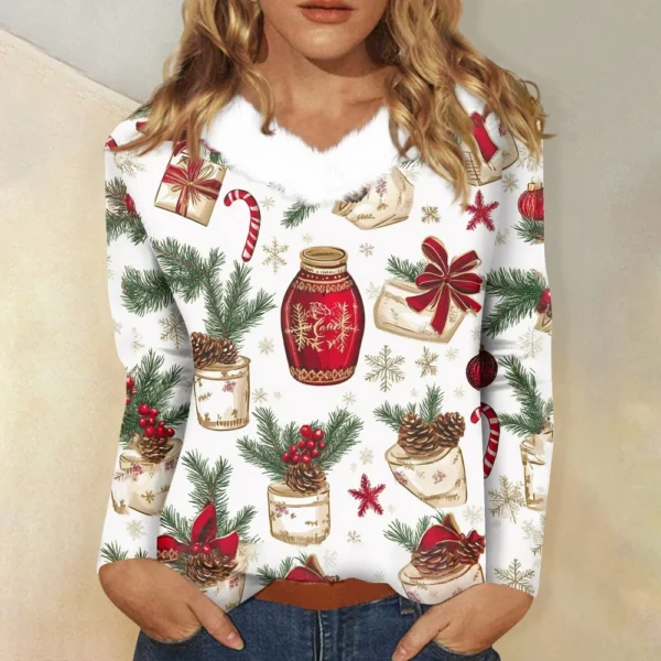 Women's Party Long Sleeve Shirt T Shirt V Neck Christmas Fleece Collar Top - Image 22