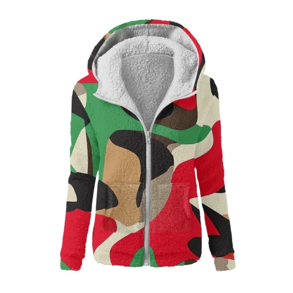 Women's Winter Camouflage Print Casual Fashion Plush Hooded Zipper Sweater - Image 40