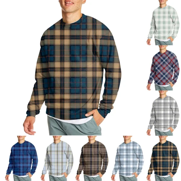 Men's Casual Fashion Comfortable Plaid Round Neck Pullover Sweatshirt Sweatshirt