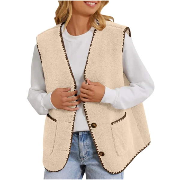 Women's Fuzzy Fleece Vest Sleeveless Colorblock Jacket Button Down Outerwear - Image 14