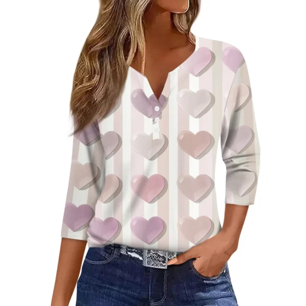 Women's T Shirt Tee Valentine's Day Print Button 3/4 Sleeve Daily Weekend - Image 6