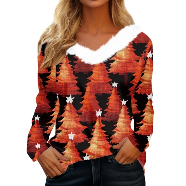 Women's Long Sleeve Christmas Printed Party Plush Neck Wide Casual V-Neck Top - Image 32