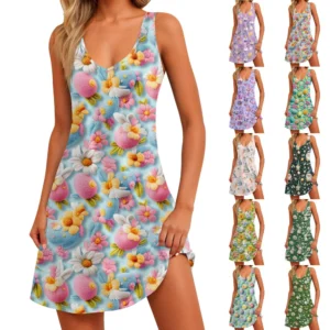 Women's Floral Print Dress, Vest, Skirt With Pockets, Beach Skirt, V-Neck Vest