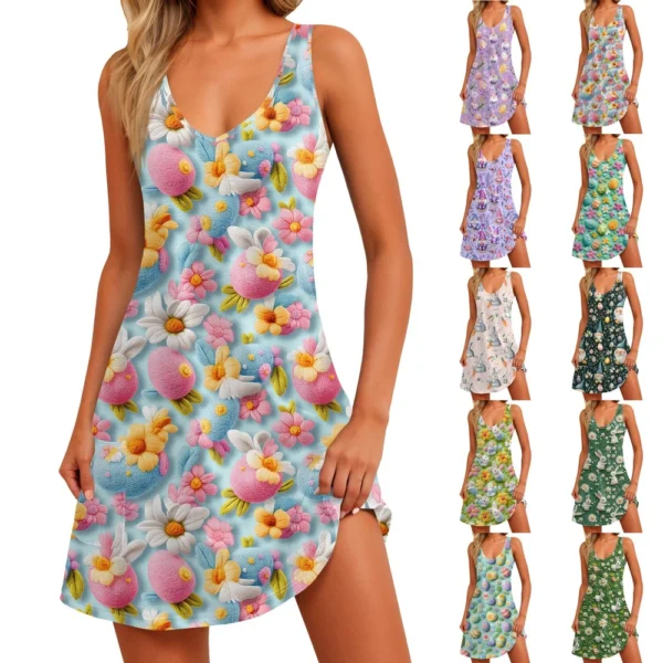 Women's Floral Print Dress, Vest, Skirt With Pockets, Beach Skirt, V-Neck Vest