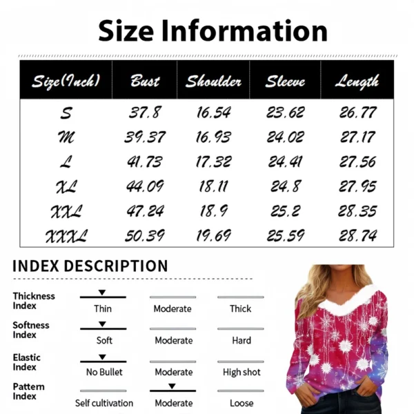 Women's V Neck Party Fleece Collar Top Shirt Christmas Long Sleeve T Shirt - Image 36