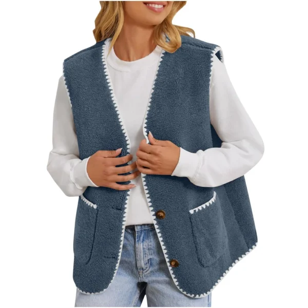Women's Fuzzy Fleece Vest Sleeveless Colorblock Jacket Button Down Outerwear - Image 3